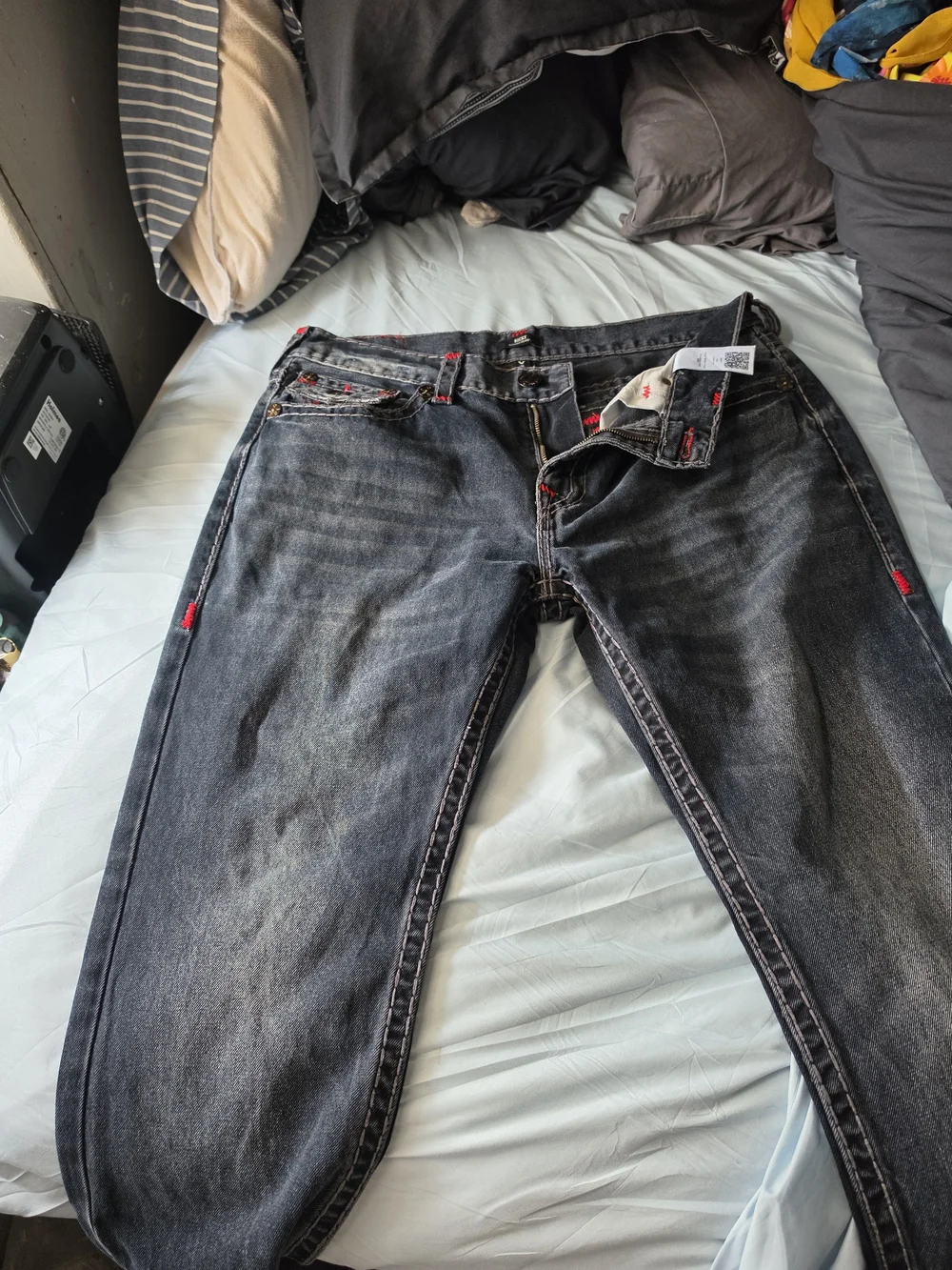 True Religion Men's Dark Blue Slim Straight Jeans with Red Accents